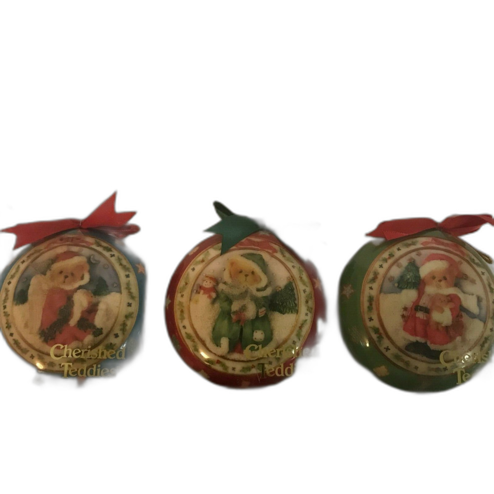 3 Enesco 1986 Cherished Teddies Christmas Ornaments Round 3-1/4" Ribbons New Box